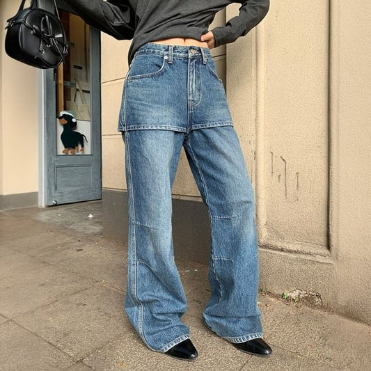 Skirt Overlay Flared Jeans Mid Rise Washed