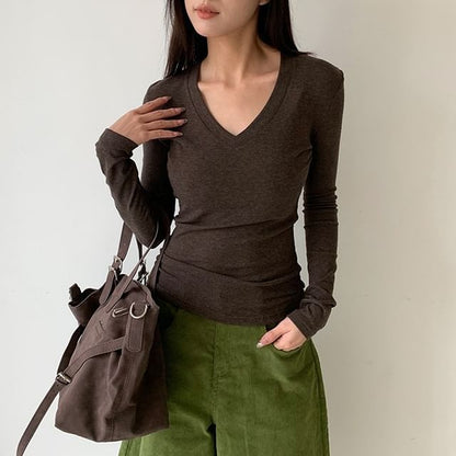Plain V-Neck Top with Long Sleeves