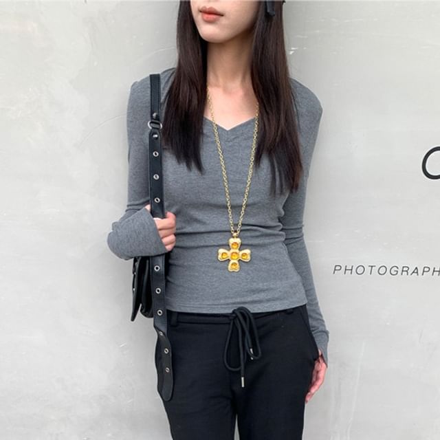 Plain V-Neck Top with Long Sleeves