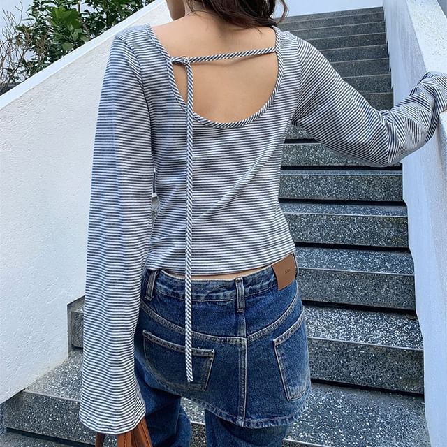 Backless Striped Top with Boat Neck and Long Sleeves