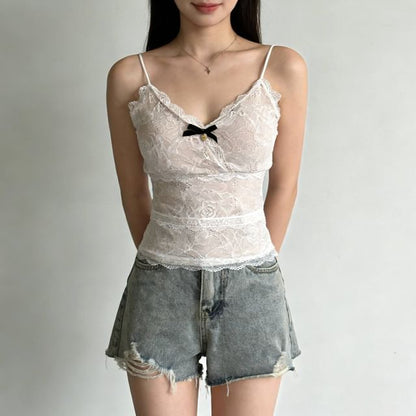 Lace Camisole with V-Neck and Spaghetti Straps in Solid Tone
