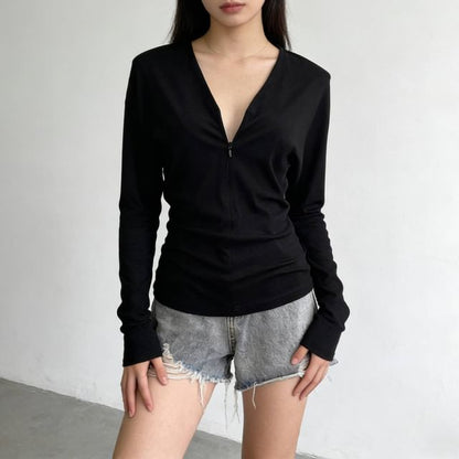 Solid V-Neck Tee with Long Sleeves