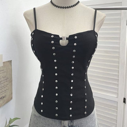 Lace Up Camisole with Spaghetti Straps and Studded Details