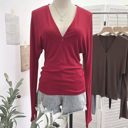 Solid V-Neck Tee with Long Sleeves