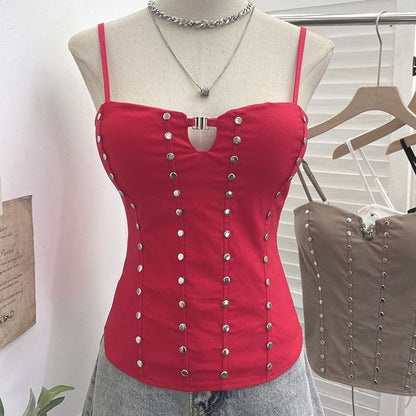 Lace Up Camisole with Spaghetti Straps and Studded Details