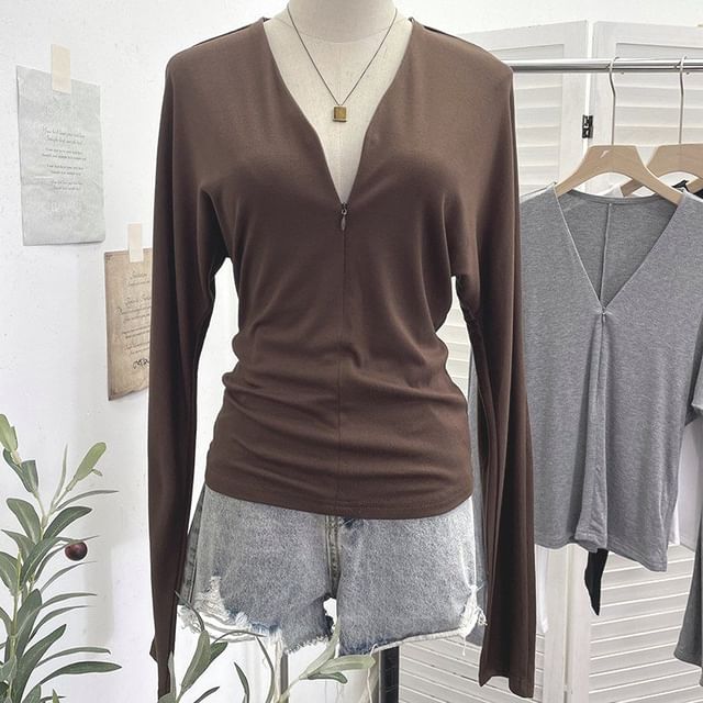 Solid V-Neck Tee with Long Sleeves