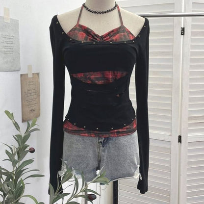 Two-Piece T-Shirt with Cold Shoulder and Mock Neck Long Sleeves