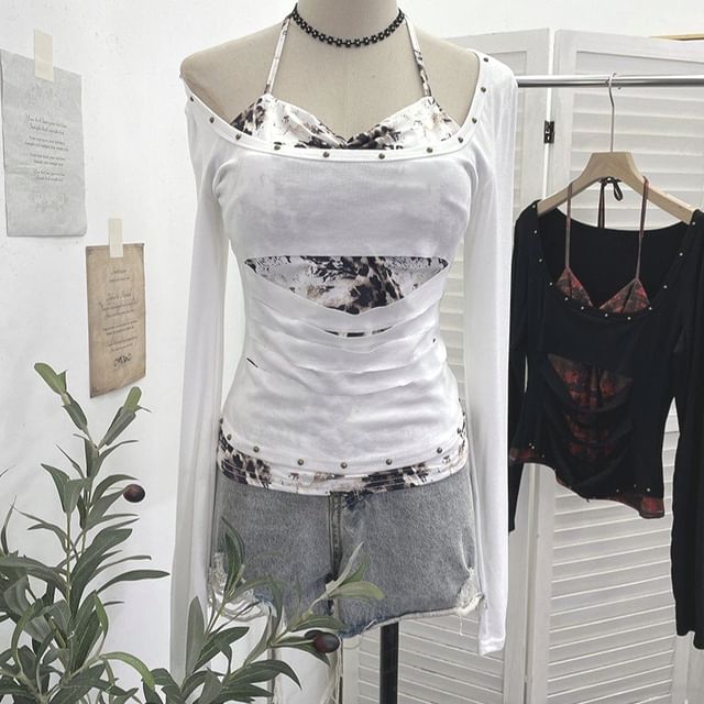 Two-Piece T-Shirt with Cold Shoulder and Mock Neck Long Sleeves