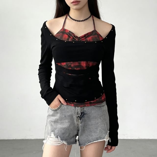 Two-Piece T-Shirt with Cold Shoulder and Mock Neck Long Sleeves