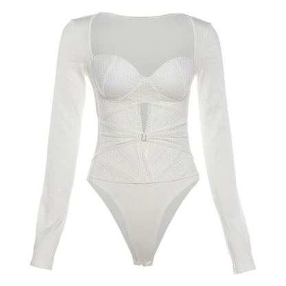 Lace Panel Bodysuit with Cutout and Padded Design Plus High Waist Pencil Skirt