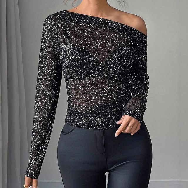 Sheer Fitted Top with Rhinestones and Off-Shoulder Long Sleeves