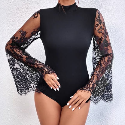 Lace Panel Bodysuit with Mock Neck and Long Sleeves