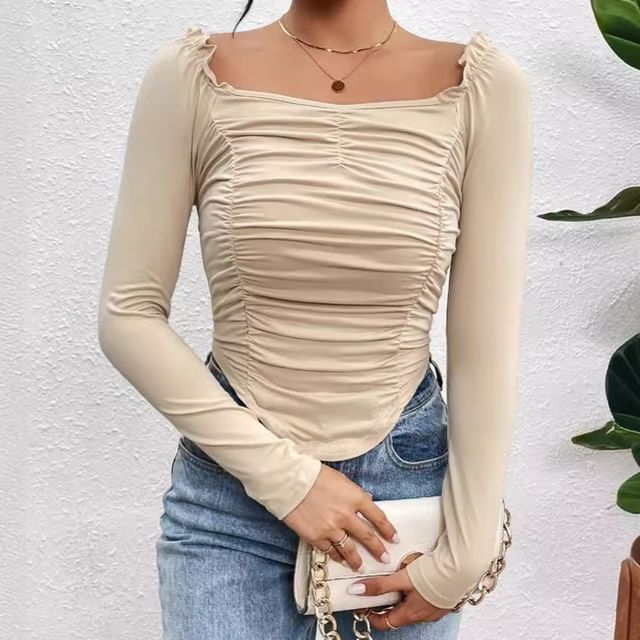 Ruched Crop Top with Square Neck and Long Sleeves in Solid Hue