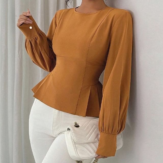 Pleated Hem Blouse in Solid Color with Crew Neck and Long Sleeves