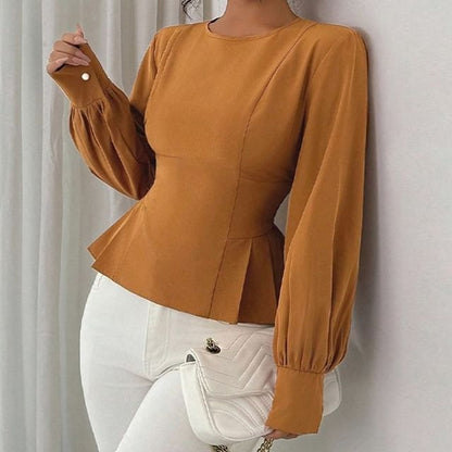 Pleated Hem Blouse in Solid Color with Crew Neck and Long Sleeves