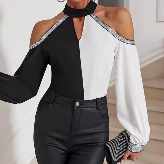 Two-Tone Sequin Trim Blouse with Halter Neck and Cutout Sleeves