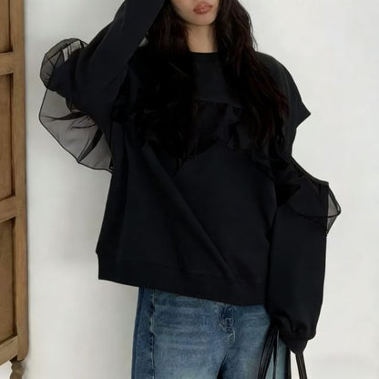 Ruffle Trim Cutout Crew Sweatshirt