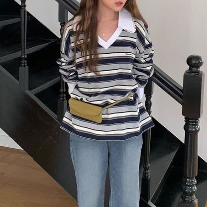 Striped Lace Trim V-Neck Tee with Collar