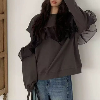 Ruffle Trim Cutout Crew Sweatshirt