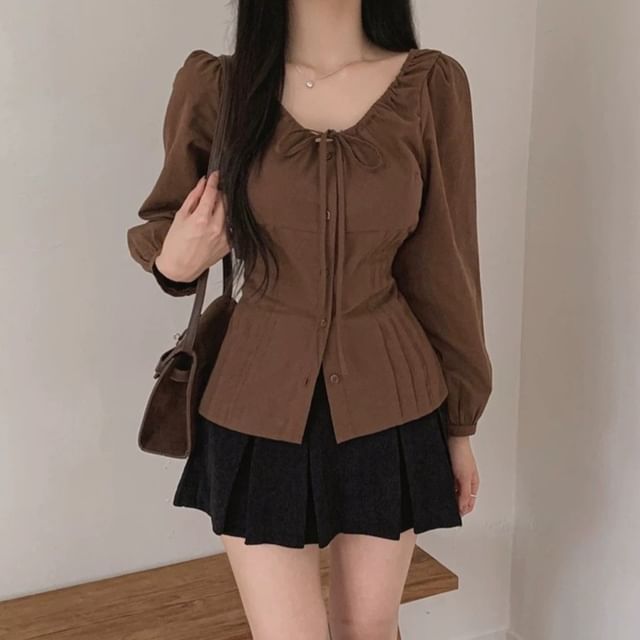Pintuck Button-Up Blouse with Scoop Neck