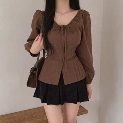 Pintuck Button-Up Blouse with Scoop Neck