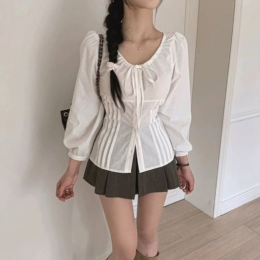 Pintuck Button-Up Blouse with Scoop Neck
