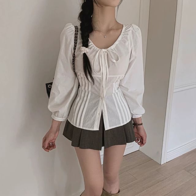 Pintuck Button-Up Blouse with Scoop Neck