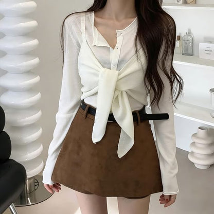 Button-Up Cardigan and Tie Front Camisole Set