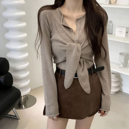 Button-Up Cardigan and Tie Front Camisole Set