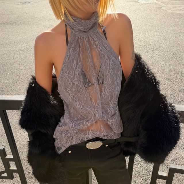 Halter Neck Lace Panel Sleeveless Top
