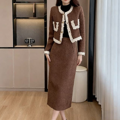 Round Neck Lace Trim Button Up Jacket and High Waist Midi A-Line Skirt Set