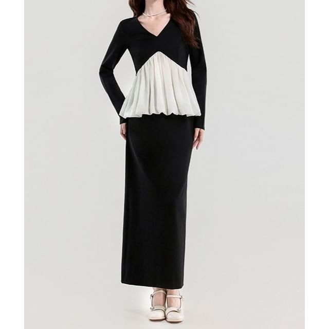 Two-Tone V-Neck Long-Sleeve Top & High-Rise Plain Pencil Skirt Set