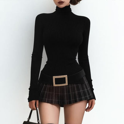Turtleneck Tee and Plaid Mini Skirt with Belt Set