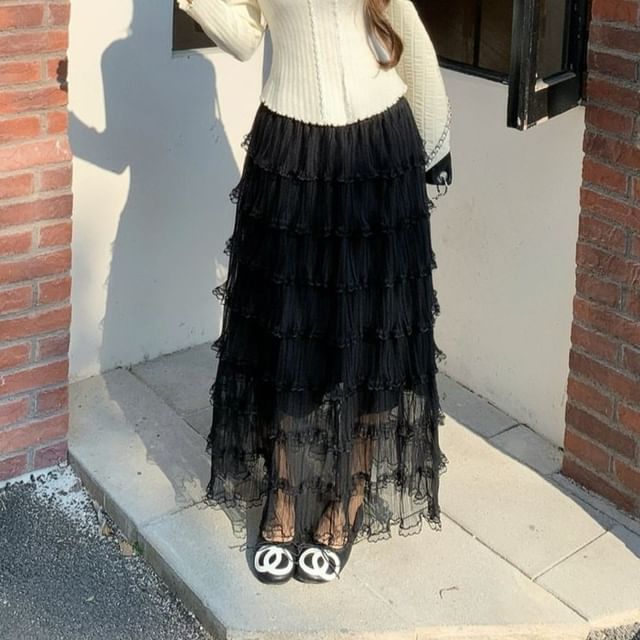 High Waist Plain Lace Trim Maxi A-Line Skirt