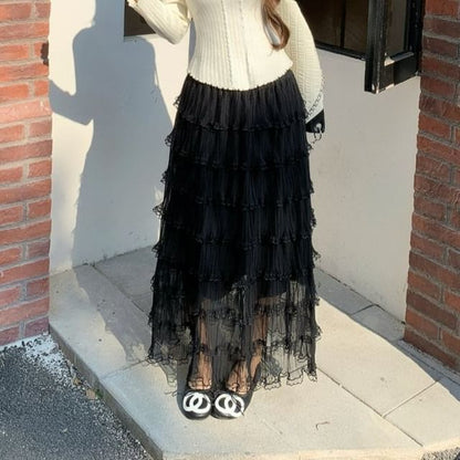 High Waist Plain Lace Trim Maxi A-Line Skirt