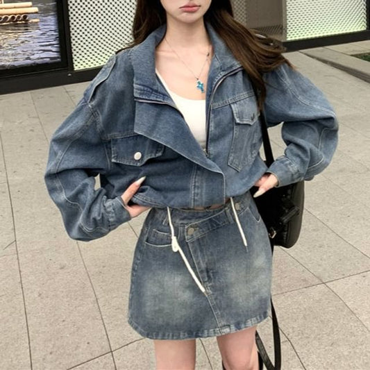 Washed Denim Zip Jacket & Asymmetrical Mini Skirt Set
