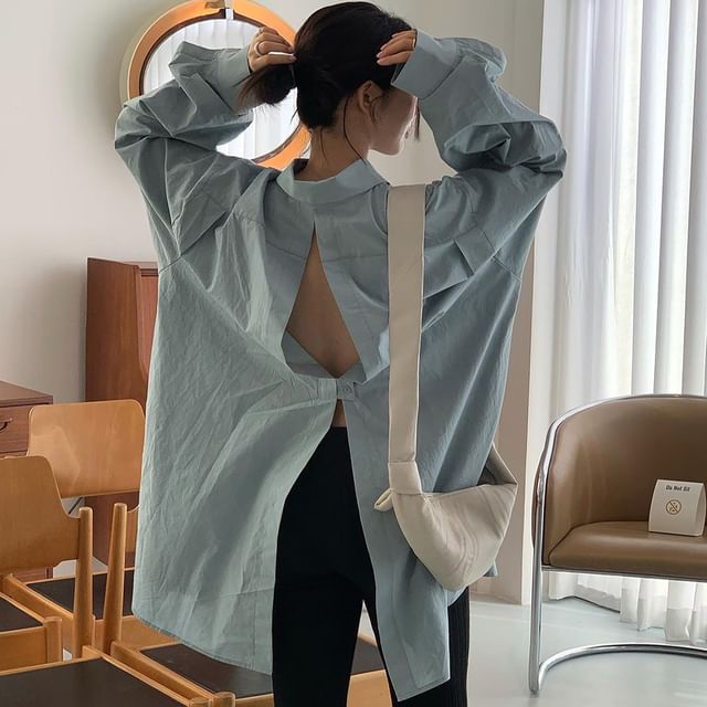 Oversized Backless Collared Long-Sleeve Shirt