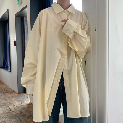 Oversized Backless Collared Long-Sleeve Shirt