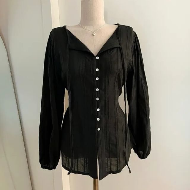 V-Neck Long-Sleeve Button-Down Shirt