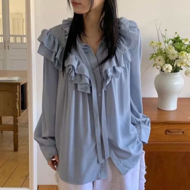 Ruffled Trim V-Neck Long-Sleeve Blouse