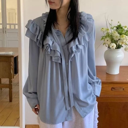 Ruffled Trim V-Neck Long-Sleeve Blouse