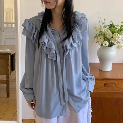 Ruffled Trim V-Neck Long-Sleeve Blouse