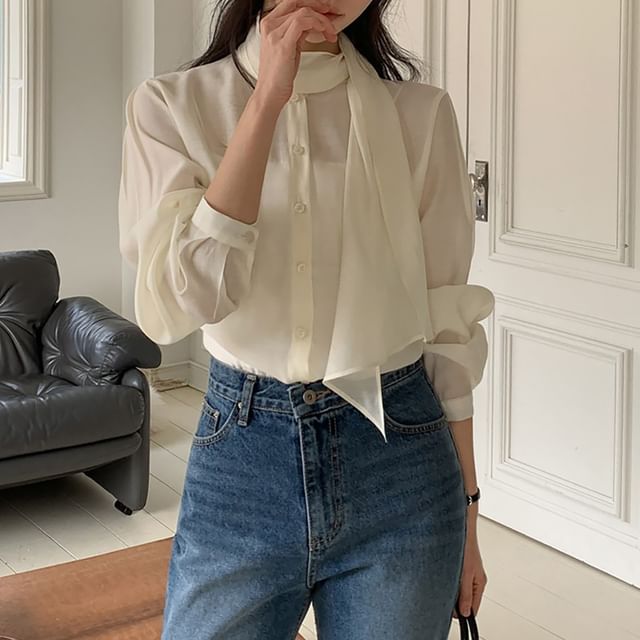 Tie-Neck Long-Sleeve Button-Front Blouse