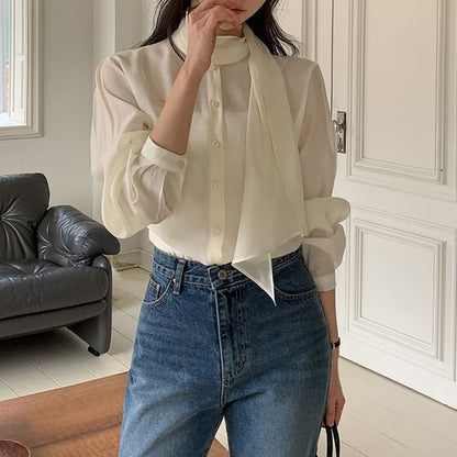 Tie-Neck Long-Sleeve Button-Front Blouse