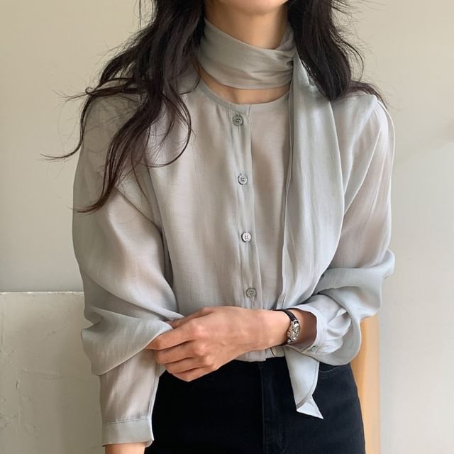 Tie-Neck Long-Sleeve Button-Front Blouse