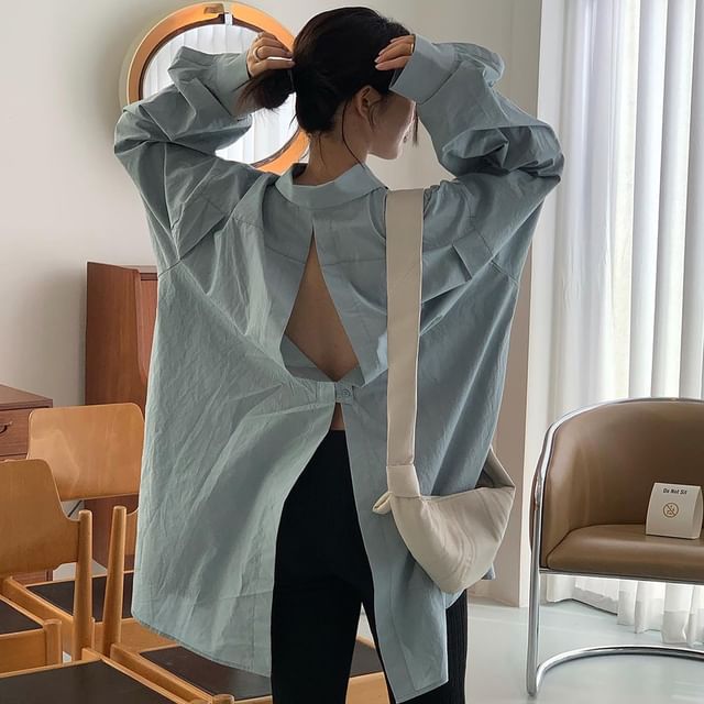 Oversized Backless Collared Long-Sleeve Shirt