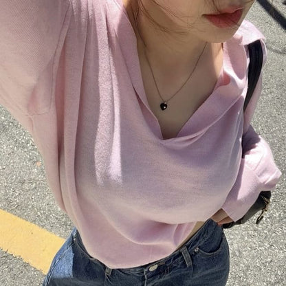 Collared V-Neck Knit Top