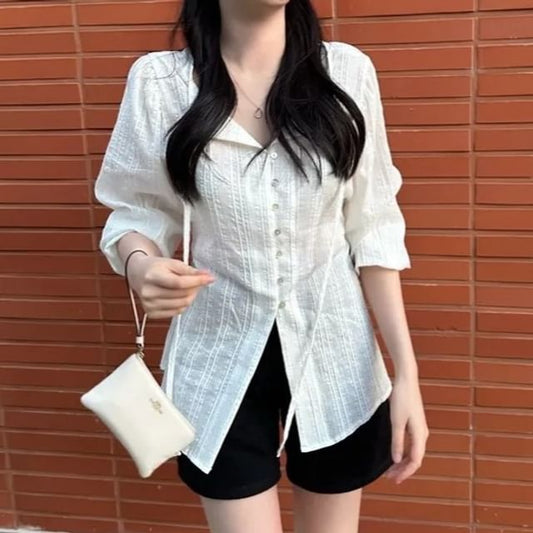 V-Neck Long-Sleeve Button-Down Shirt