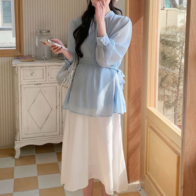 Maternity Tie-Waist Blouse with Stand Collar & A-Line Skirt Set