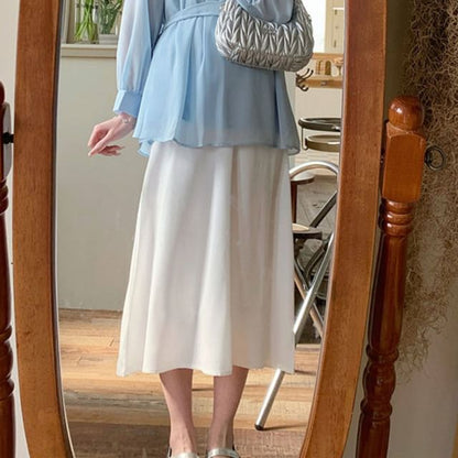 Maternity Tie-Waist Blouse with Stand Collar & A-Line Skirt Set